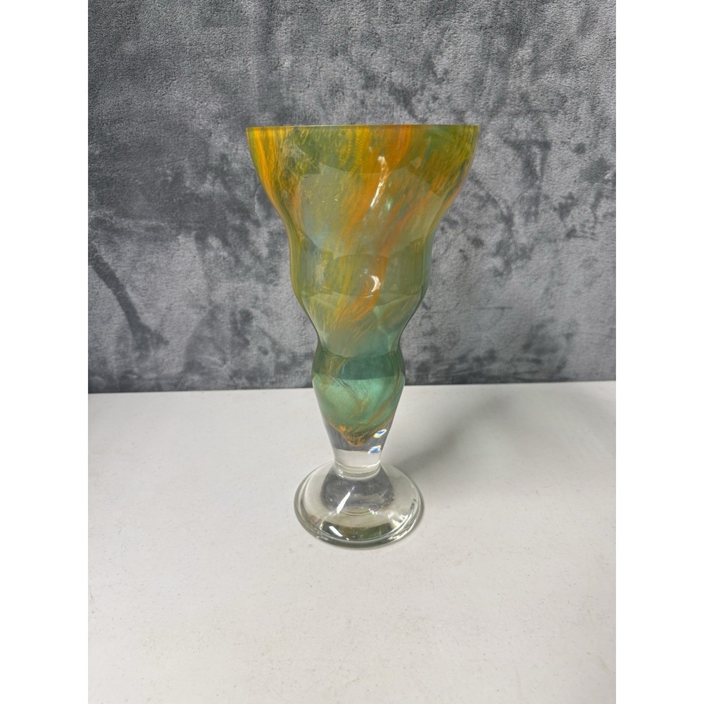 Vintage Hand Blown Decorative Art Glass Vase 13.25" Green & Orange